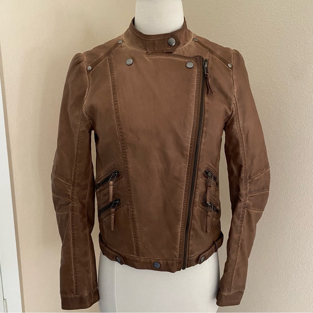 Swell Jacket Faux Leather Moto Brown Size Small Full Zip Pockets